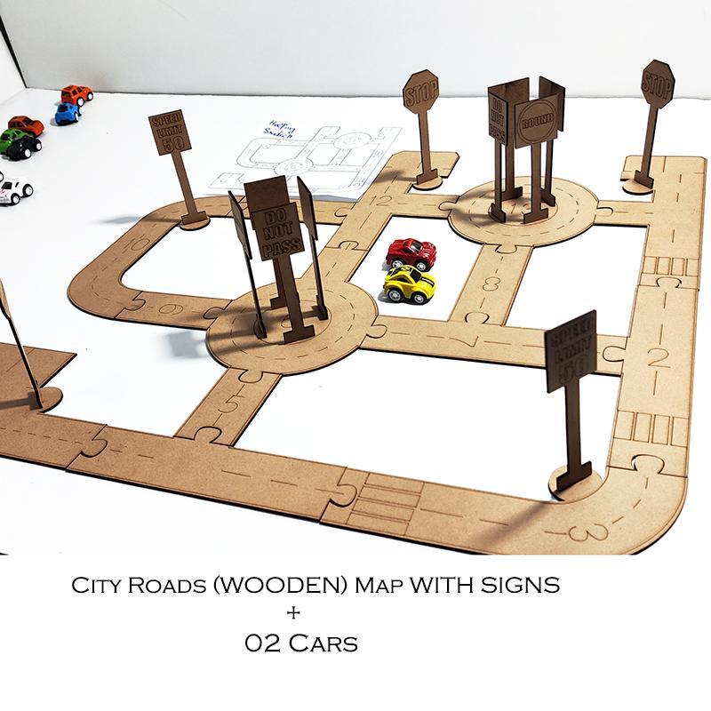 Wooden City Road Puzzle Set with 2 Cars